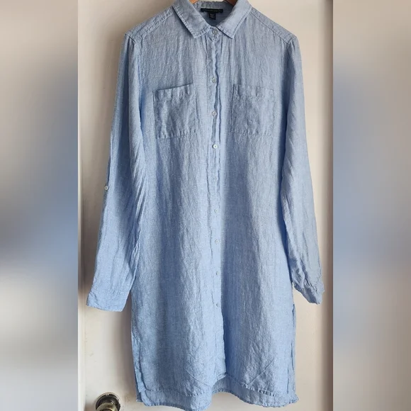 Saks Fifth Avenue Linen ight Blue Button-Up Tunic Shirt Shirtdress Sz M - Picture 3 of 8